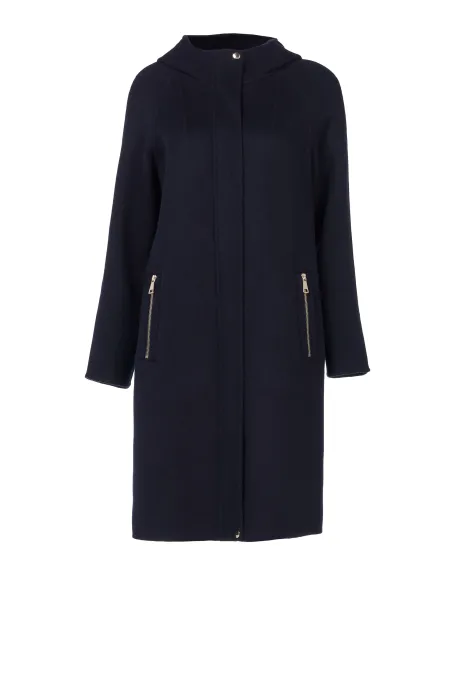 Námořnický modrý vlněný kabát s kapucí doubleface