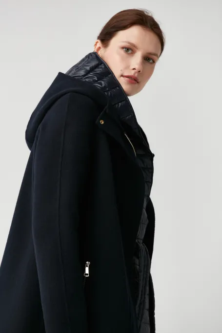 Námořnický modrý vlněný kabát s kapucí doubleface