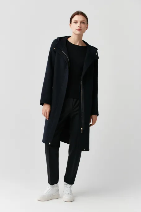 Námořnický modrý vlněný kabát s kapucí doubleface