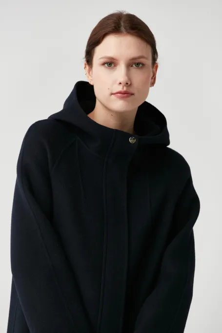 Námořnický modrý vlněný kabát s kapucí doubleface