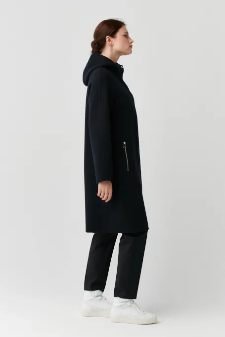 Námořnický modrý vlněný kabát s kapucí doubleface