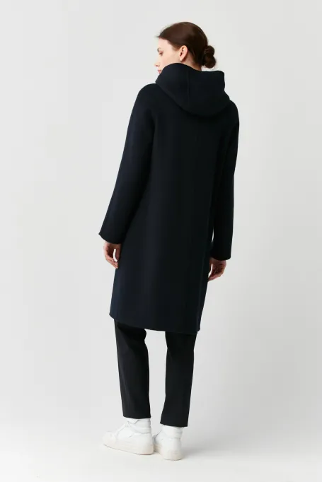 Námořnický modrý vlněný kabát s kapucí doubleface