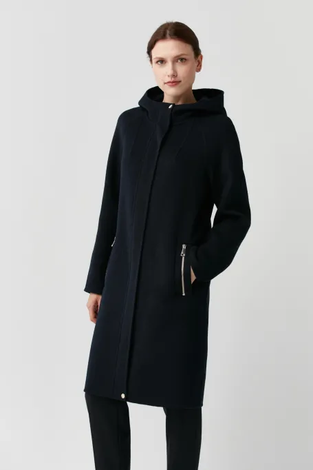 Námořnický modrý vlněný kabát s kapucí doubleface