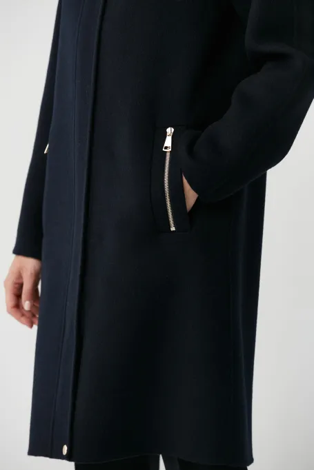 Námořnický modrý vlněný kabát s kapucí doubleface