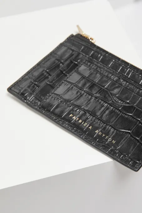 Černá kožená peněženka croco na karty a dokumenty