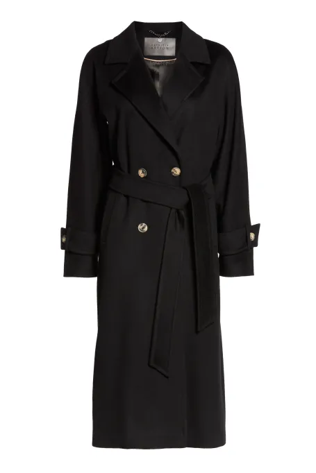 Dlouhý černý vlněný kabát s páskem