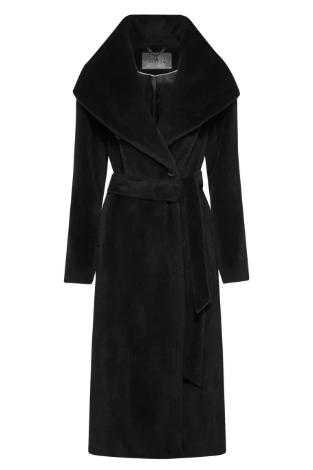 Černý kabát s kapucí ze suri alpaky evercoat