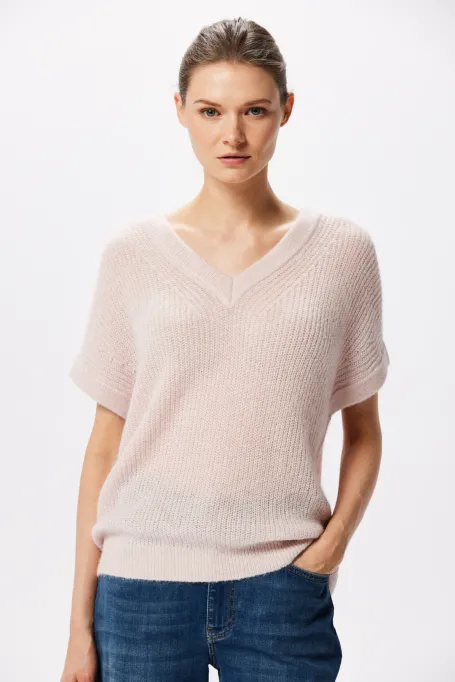 Blůza s výstřihem do V v pudrově růžové