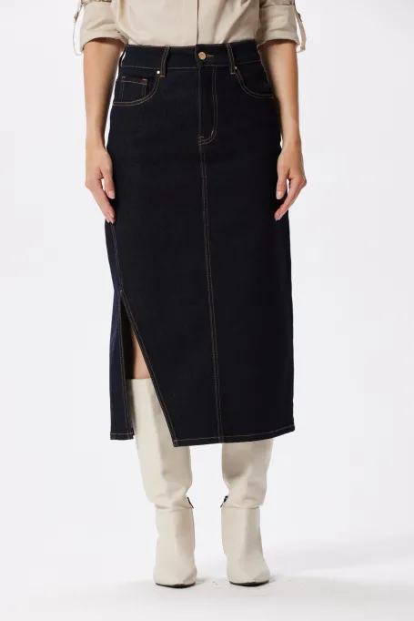 Tmavě modrá midi džínová sukně