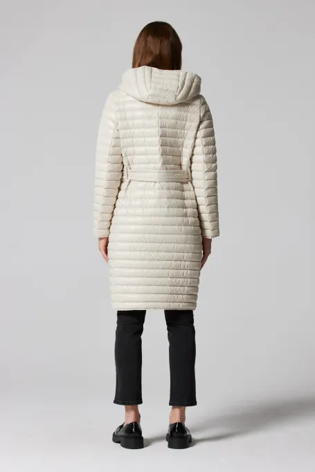 Lehká béžová péřová bunda s kapucí Mila