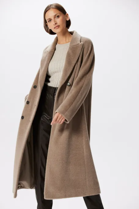 Beige dvouřadý kabát se suri alpaka