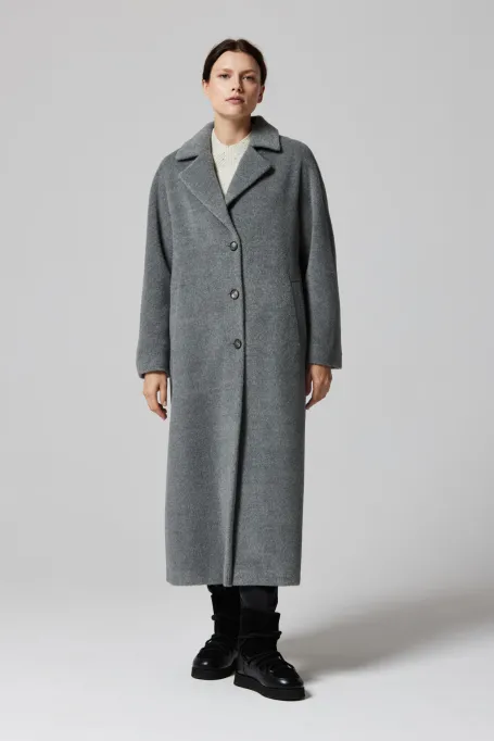 Šedý vlněný kabát se suri alpaku