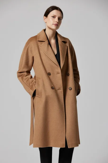 Vlněný kabát s páskem 100% velbloudí vlna