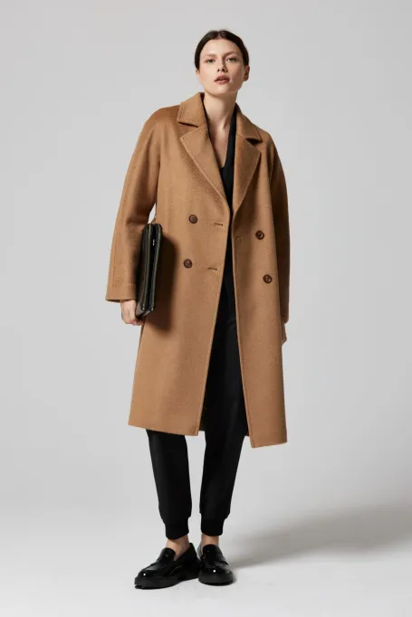 Vlněný kabát s páskem 100% velbloudí vlna