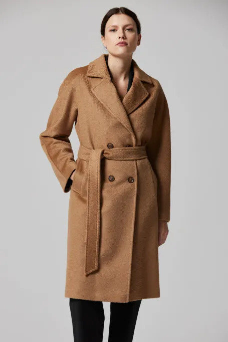 Vlněný kabát s páskem 100% velbloudí vlna