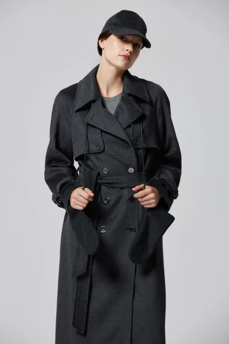 Šedý vlněný trenčkot se hedvábím a kašmírem