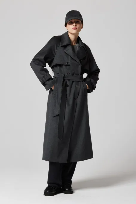 Šedý vlněný trenčkot se hedvábím a kašmírem