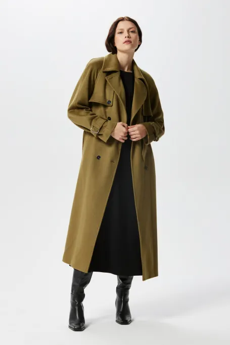 Zelený vlněný trenčkot se hedvábím a kašmírem