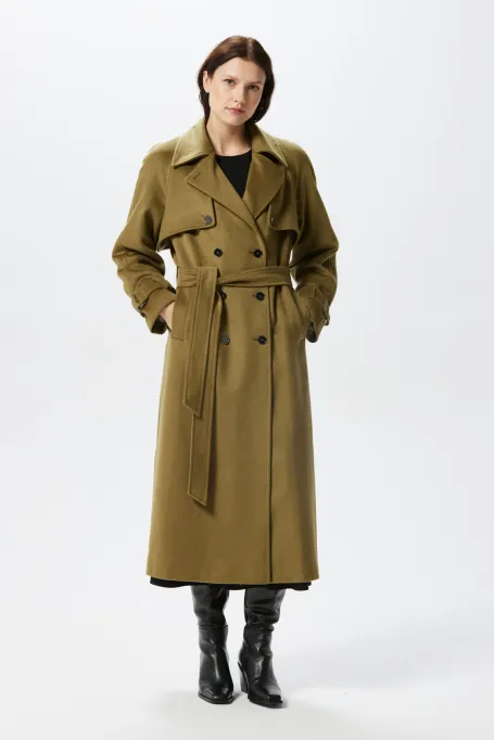 Zelený vlněný trenčkot se hedvábím a kašmírem