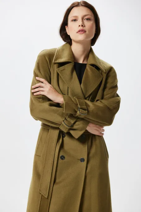 Zelený vlněný trenčkot se hedvábím a kašmírem