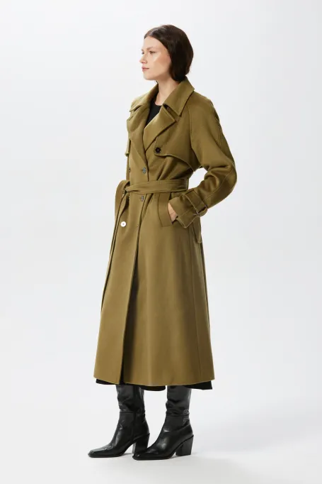 Zelený vlněný trenčkot se hedvábím a kašmírem