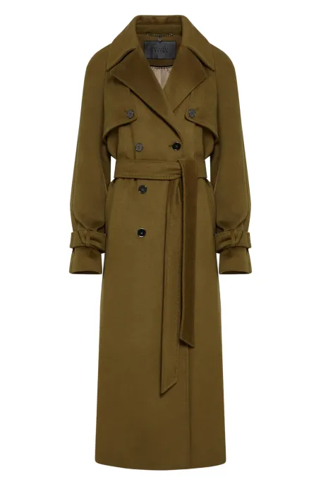 Zelený vlněný trenčkot se hedvábím a kašmírem