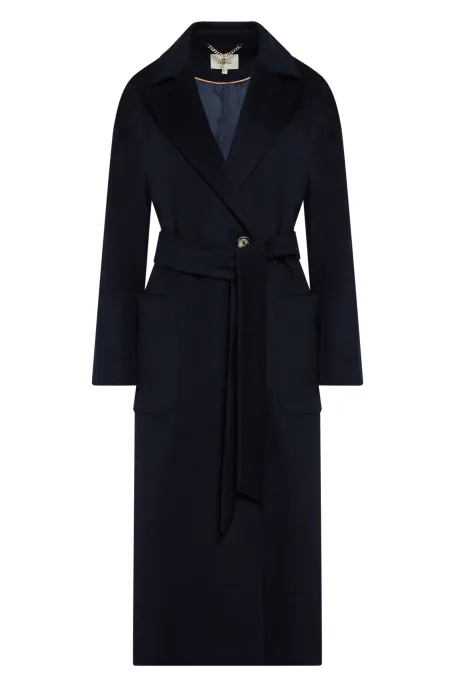 Tmavě modrý vlněný kabát s opaskem