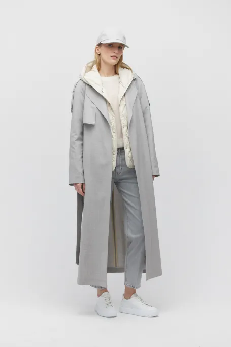 Šedý vlněný trenčkot s páskem