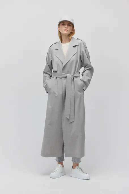 Šedý vlněný trenčkot s páskem