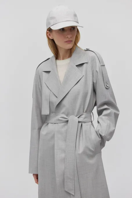 Šedý vlněný trenčkot s páskem