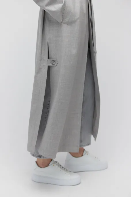 Šedý vlněný trenčkot s páskem