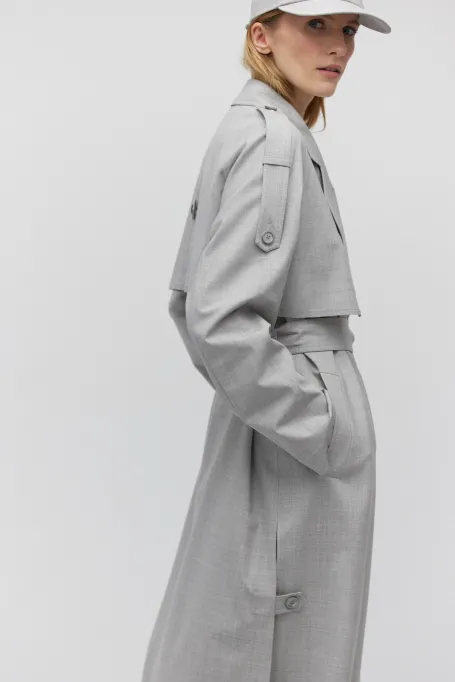 Šedý vlněný trenčkot s páskem