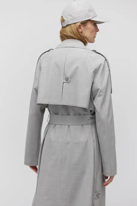 Šedý vlněný trenčkot s páskem