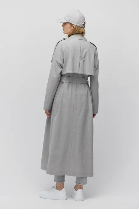 Šedý vlněný trenčkot s páskem