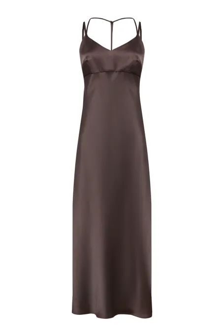 Dlouhá čokoládová šaty s uvazováním na krku