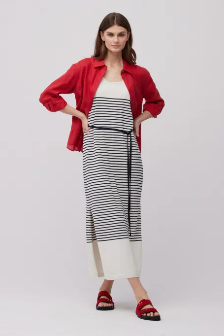 Midi šaty s pruhy z hedvábí a bavlny