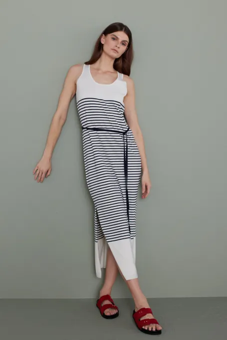Midi šaty s pruhy z hedvábí a bavlny