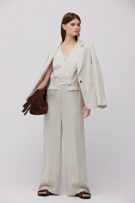 Lněný béžový kombinéza se širokými nohavicemi