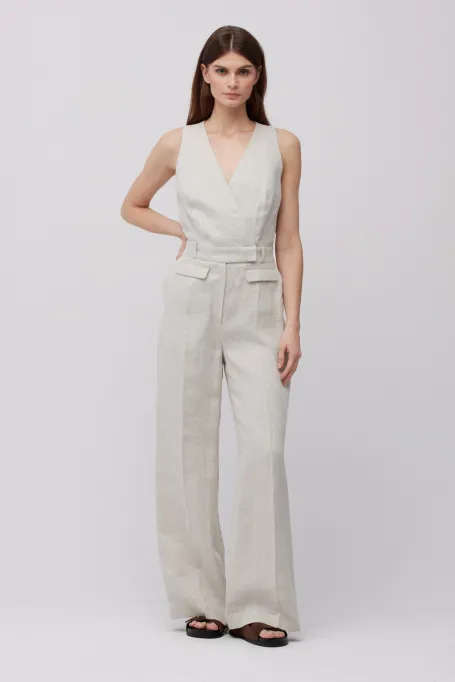 Lněný béžový kombinéza se širokými nohavicemi