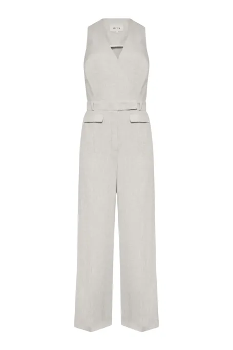 Lněný béžový kombinéza se širokými nohavicemi