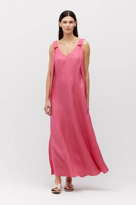 Dlouhá růžová lněná šaty na ramínka