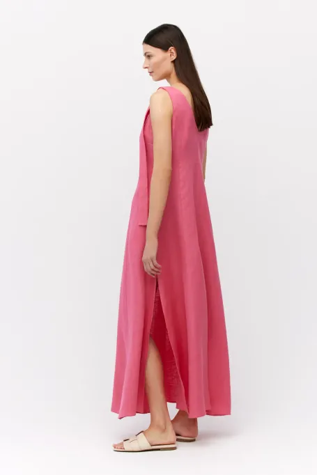 Dlouhá růžová lněná šaty na ramínka