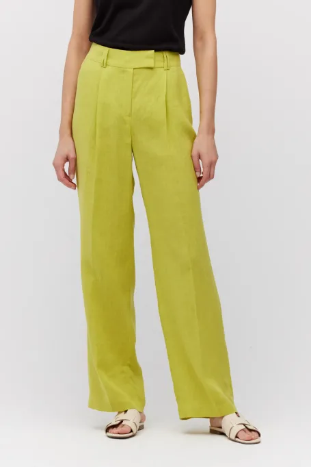 Široké limetkové kalhoty z lnu