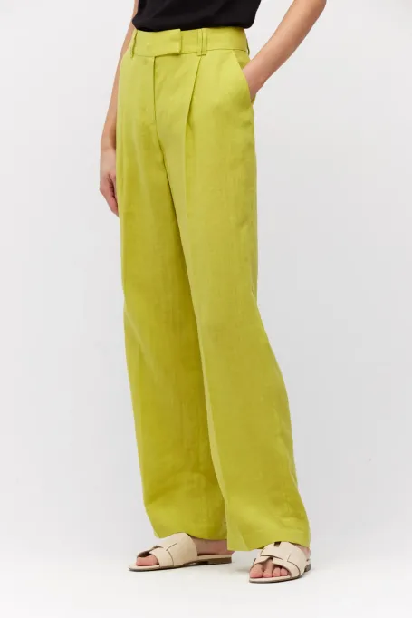 Široké limetkové kalhoty z lnu