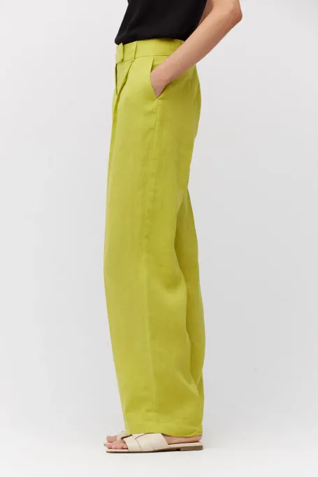 Široké limetkové kalhoty z lnu