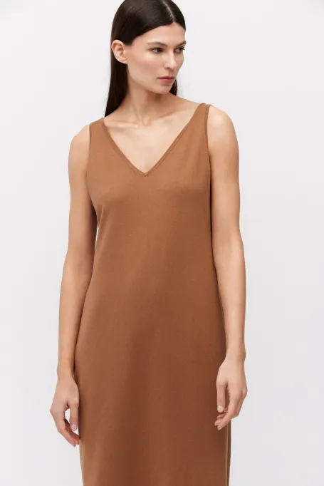 Hnědé midi šaty z bavlny a hedvábí