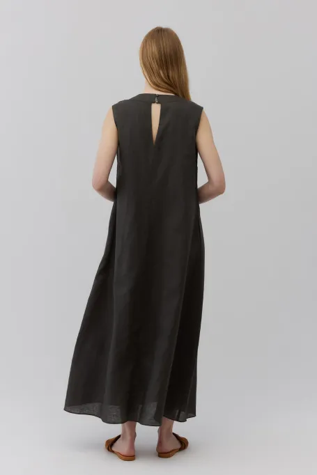 Lněná tmavozelená maxi šaty bez rukávů