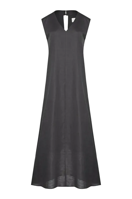 Lněná tmavozelená maxi šaty bez rukávů