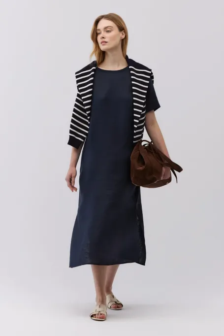 Granátová lněná suknička s krátkým rukávem