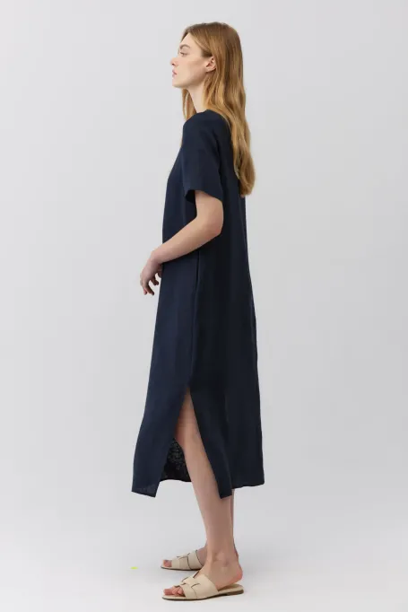 Granátová lněná suknička s krátkým rukávem